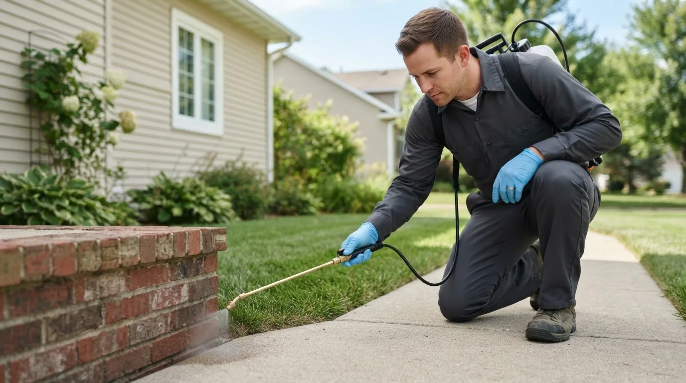 Pest control technician treating a home near Reeder, ND