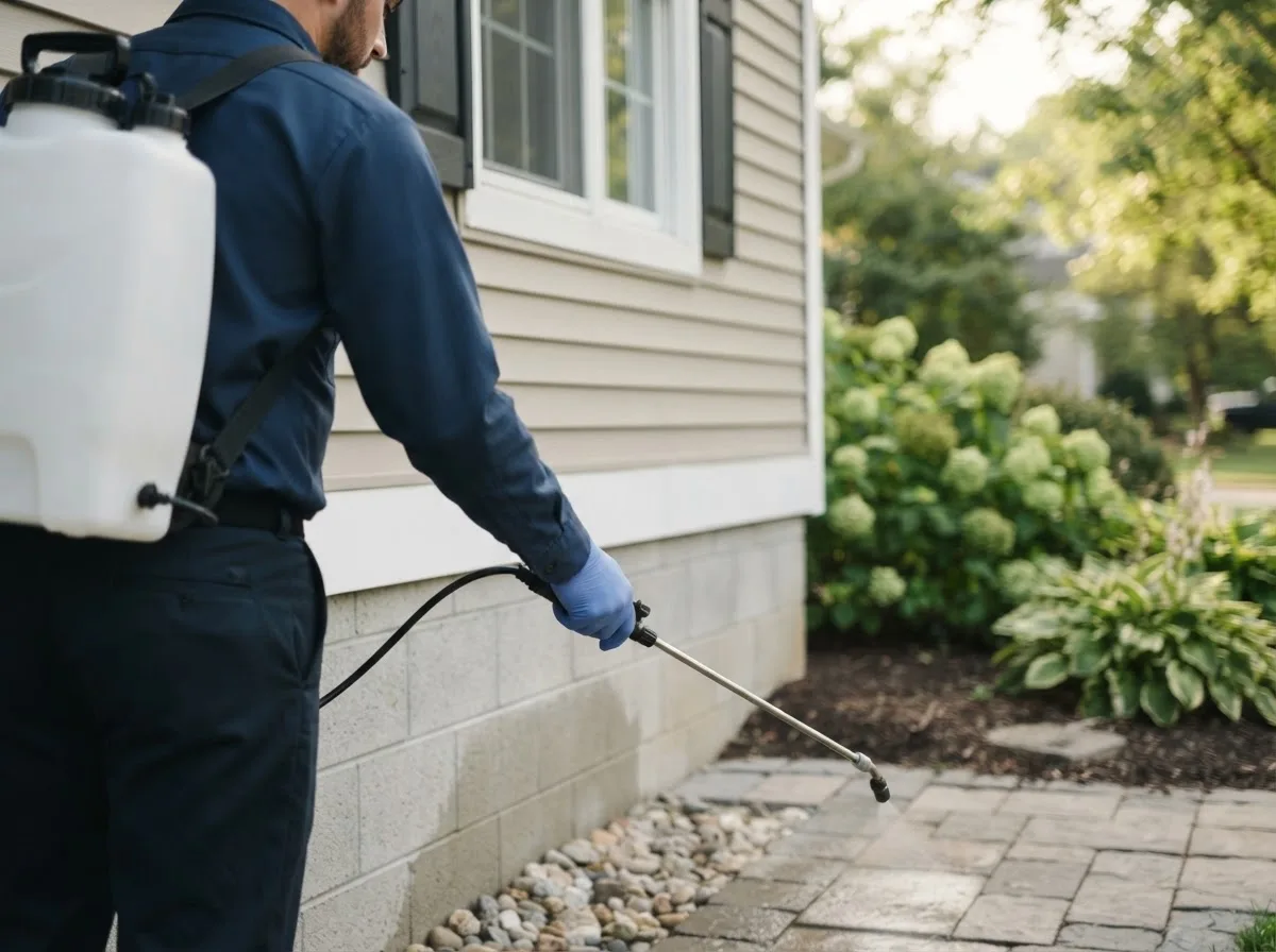 Pest control technician inspecting a home in Reeder, ND